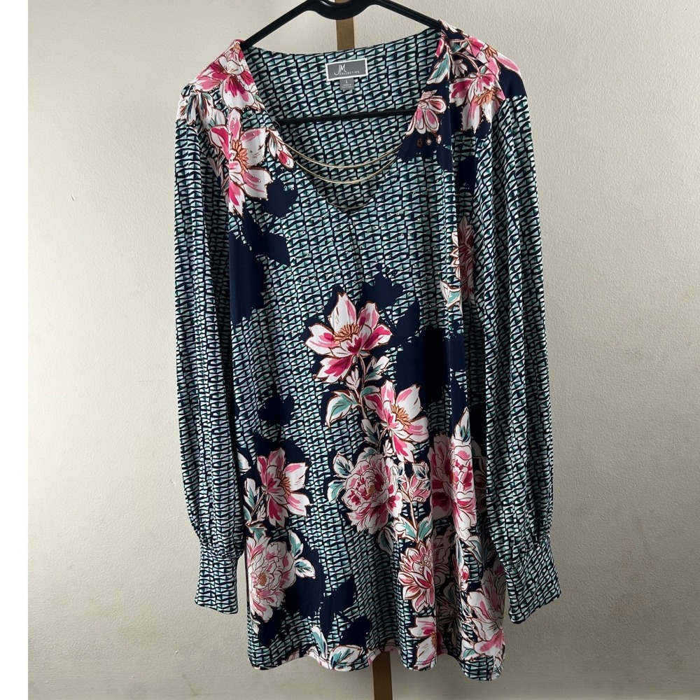 JM Collection Blouse Womens L Navy Blue Floral Chain Neck Studded Top career